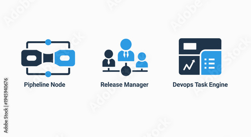 Devops task engine and pipeline node icons for software release management and development processes