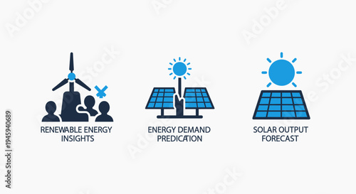 Renewable energy and solar power insights icons: green technology, demand prediction, and output forecast for sustainable business solutions