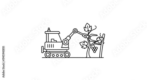 Tractor harvesting grapes with mechanical arm.