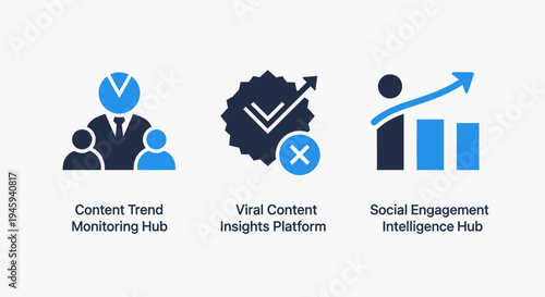Content and social engagement intelligence icons: trend monitoring, viral insights, and analytics for digital marketing