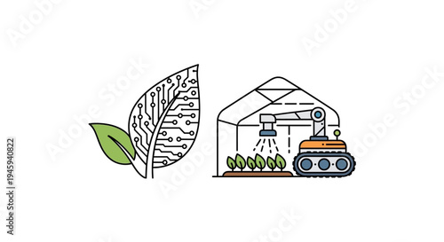 Tractor in a greenhouse with leaf.