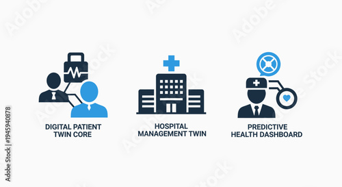 Digital healthcare and hospital management icons: patient twin core, predictive health dashboard, and medical innovation