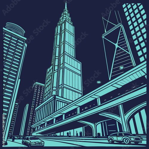 A stylized vector illustration of a cityscape at night with skyscrapers and a highway overpass