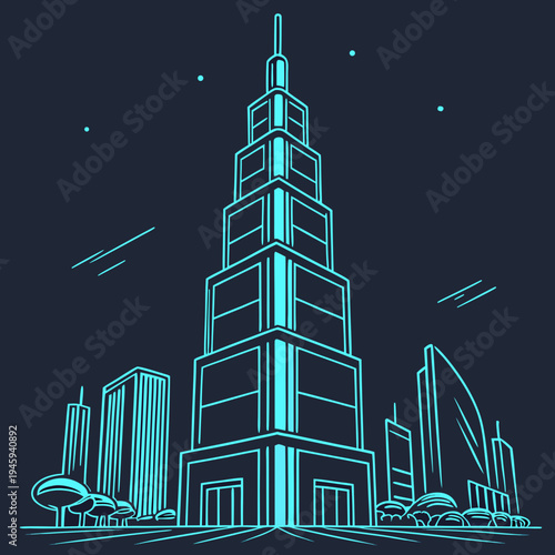 A minimalist vector illustration of a futuristic city skyline at night with a prominent skyscraper