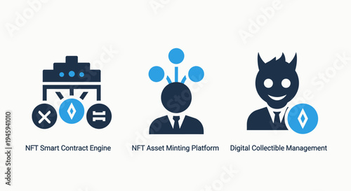 Nft smart contract engine, asset minting platform, and digital collectible management system icons