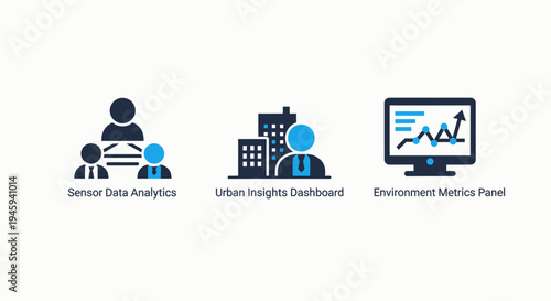 Sensor data analytics, urban insights dashboard, and environmental metrics monitoring system icons