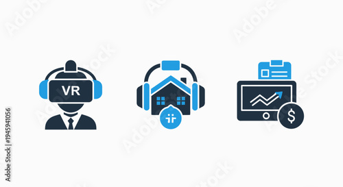 Virtual reality headset, vr real estate, and financial growth analytics icons set