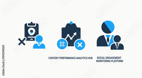 Social media engagement and content performance analytics platform icons for business data monitoring