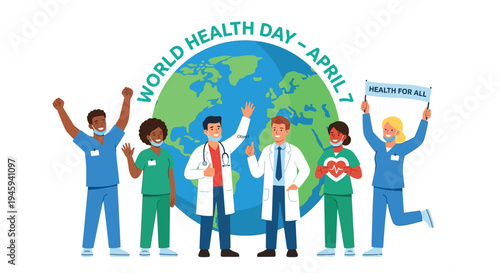 World health day illustration featuring diverse medical professionals and a globe