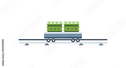 Train wagon carrying green crates.