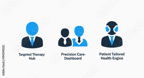 Healthcare technology icons for targeted therapy precision care dashboard and patient tailored health engine for medical data management