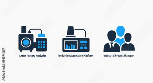 Industrial process management and smart factory analytics icons for production automation