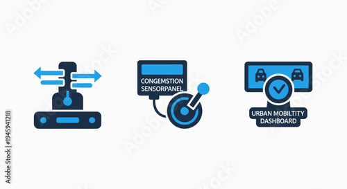 Urban mobility dashboard and traffic congestion sensor icons for smart city transportation management and sensor pane technology