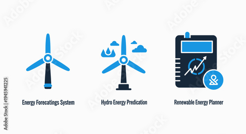 Renewable energy technology icons for wind power forecasting hydro energy prediction and sustainable energy planning dashboard