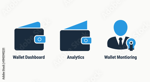 Financial technology icons for digital wallet dashboard analytics and monitoring with person silhouette and lightbulb idea symbol