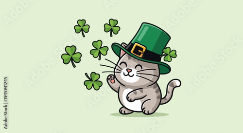 A cute orange and white tabby cat wearing a green leprechaun hat and holding a four-leaf clover, surrounded by shamrocks, celebrating St. Patrick's Day.