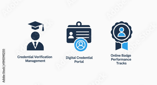 Professional credentialing and education icons for verification management digital portal and online achievement badge tracking