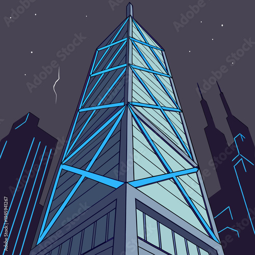 A modern skyscraper with blue neon lights at night in a cityscape