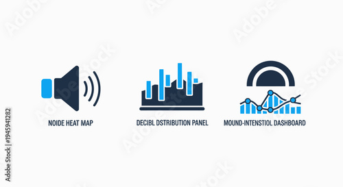 Audio analytics and sound monitoring icons including noise heat map visualization, decibel distribution panel, and sound intensity dashboard interface graphics
