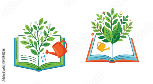 Books bringing nature to life with blossoming plants and watering cans