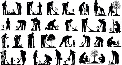 Set of gardening silhouettes with people planting trees, farmers digging soil, and family gardening 