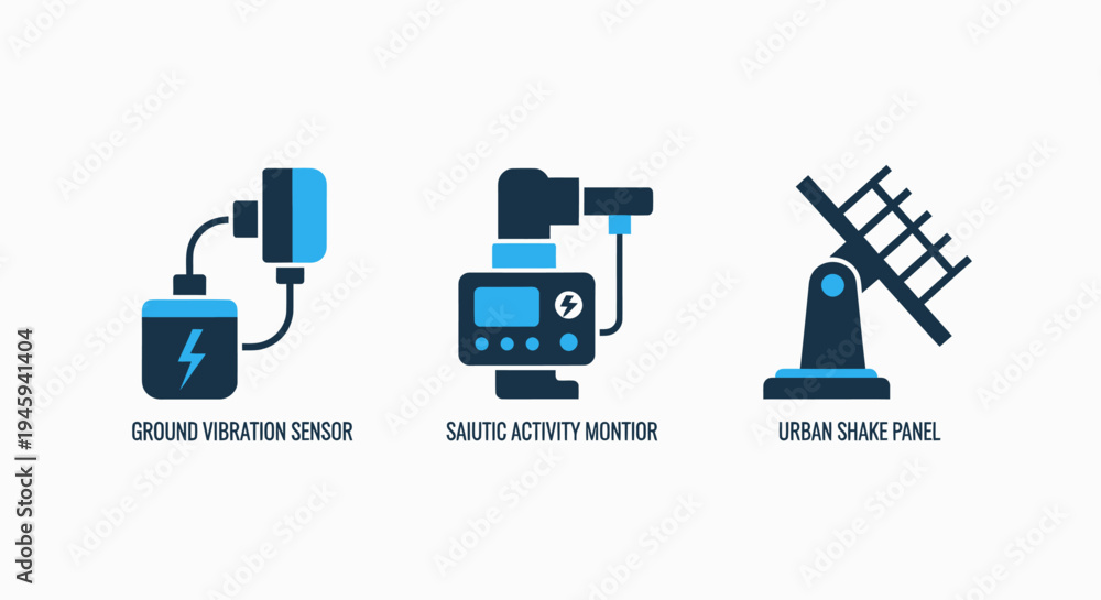 Obraz premium Ground vibration sensor and seismic activity monitoring system urban shake panel icons