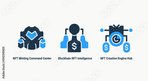 Blockchain nft minting command center and crypto creation engine intelligence icons