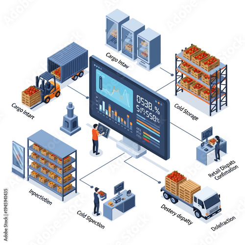 Comprehensive supply chain management system for perishable goods, illustrating cargo intake, cold storage, inspection, and delivery processes with advanced analytics.