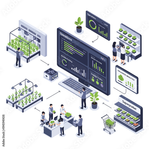 Smart vertical farming system with automated monitoring and data analysis for efficient crop production and distribution.