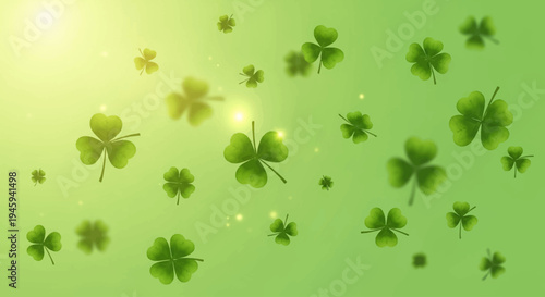 A vibrant green background filled with numerous shamrocks and sparkling light effects.