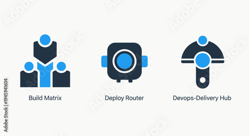 Devops and it infrastructure icon set featuring build matrix deploy router and software delivery hub