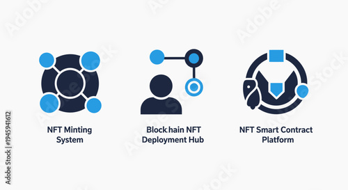 Blockchain and nft technology icon set including minting system deployment hub and smart contract