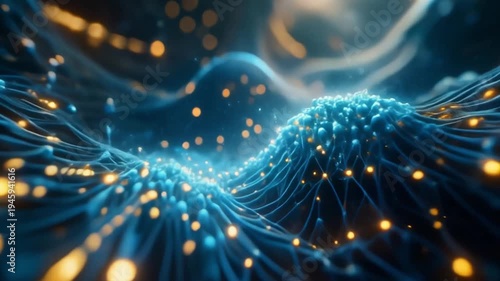 Abstract neural network pulsing with light, dynamic digital connections, tech background, futuristic data stream