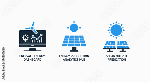 Renewable solar energy production icons for analytics dashboard and power output prediction hub
