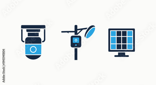 Renewable energy and smart device hardware icon set featuring solar panel and street sensor technology