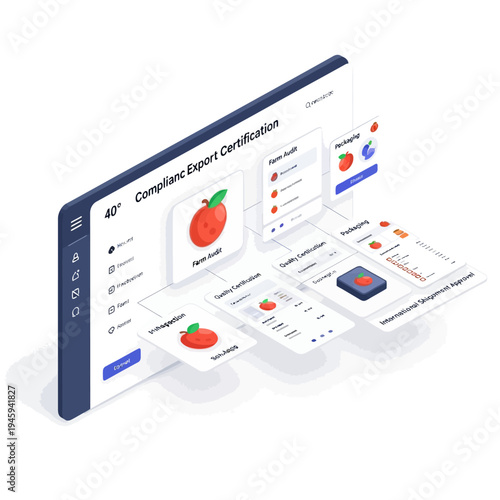 Dashboard interface for export certification, showcasing compliance, quality, and international approval processes with visual elements.