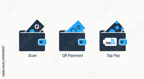 Mobile wallet and digital payment icon set for qr code scan and contactless tap pay transactions