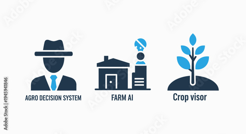 Smart agriculture and farm AI decision system icon set for crop management and agrotech solutions