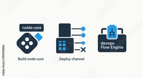 Devops flow engine and software deployment channel icon set for cloud infrastructure and development lifecycle