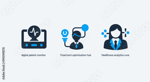 Digital healthcare patient monitor and treatment optimization hub icons for medical data analytics