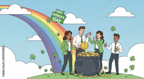 A diverse group of business professionals joyfully collecting gold coins from a pot of gold at the end of a rainbow on Saint Patrick's Day.