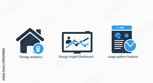 Smart home energy analytics and usage pattern analysis icons for residential power management