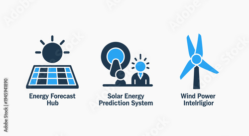Renewable energy forecast and solar power prediction icons for wind energy intelligence hub