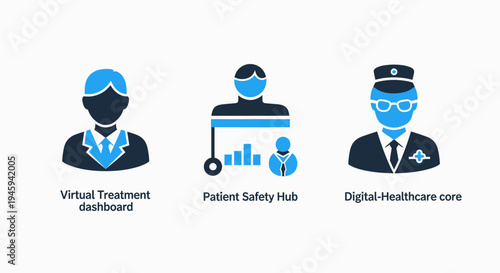 Digital healthcare icons for virtual treatment dashboard and patient safety hub in medical management systems