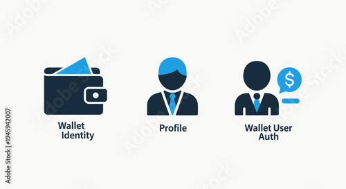 Fintech icons including digital wallet identity and user authentication for secure mobile banking and finance apps