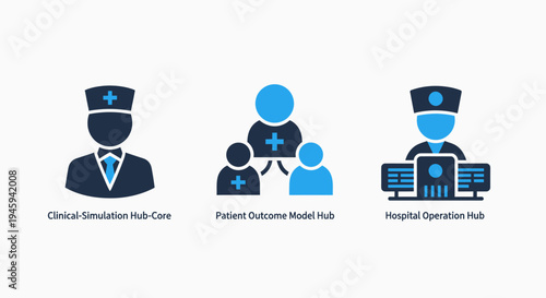 Clinical simulation and hospital operation icons for patient outcome model hub and medical facility management