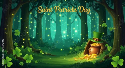 A magical forest scene with glowing lights and shamrocks for Saint Patrick's Day, featuring a pot of gold.