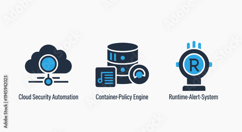 Cloud security icons featuring automation tools and container policy engine for runtime alert systems and data protection