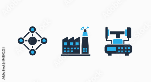 Industrial technology icons depicting factory network nodes and precision manufacturing equipment for modern production plants
