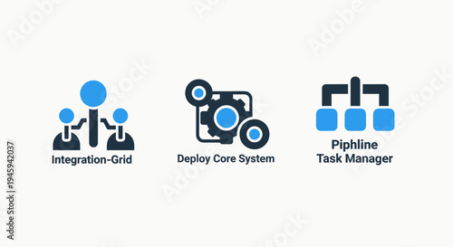 System integration icons showing core deployment grids and pipeline task managers for software development workflows